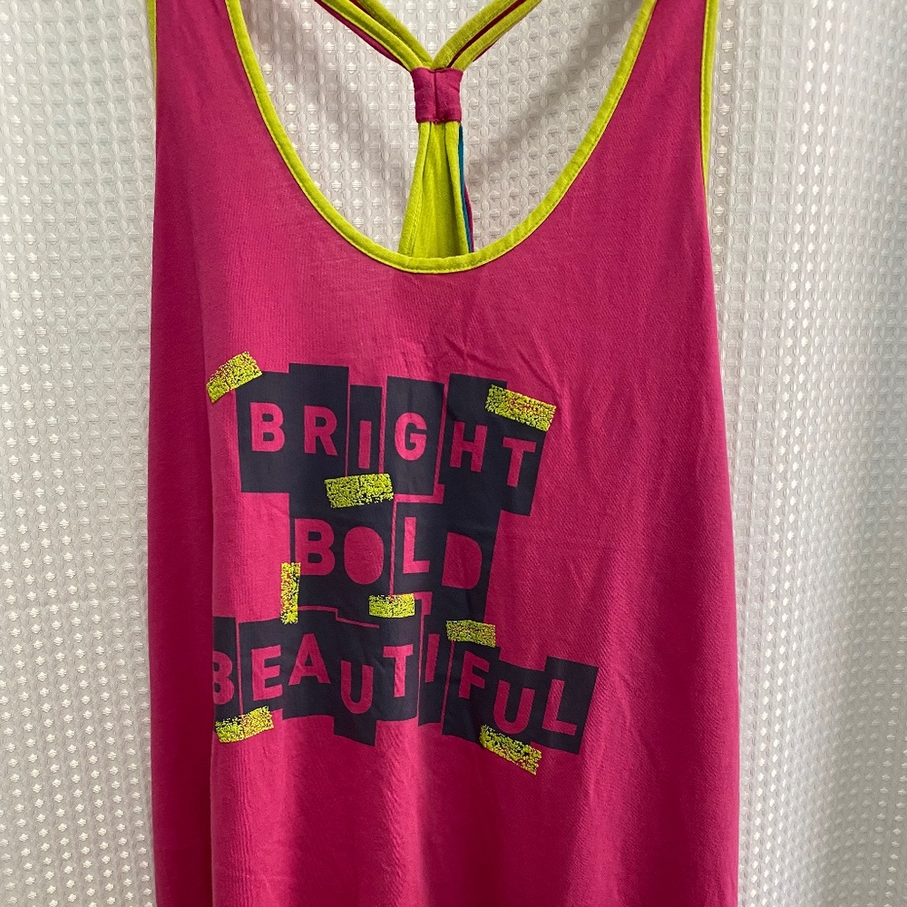 Zumba Fitness Hot Pink Tank with Neon Yellow Trim and Black Graphic